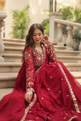 Maroon Faux Blooming Georgette With Rich Sequins Multi Embroidered Gown With Dupatta 1