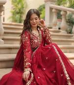 Maroon Faux Blooming Georgette With Rich Sequins Multi Embroidered Gown With Dupatta