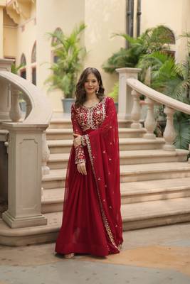 Maroon Faux Blooming Georgette With Rich Sequins Multi Embroidered Gown With Dupatta 3