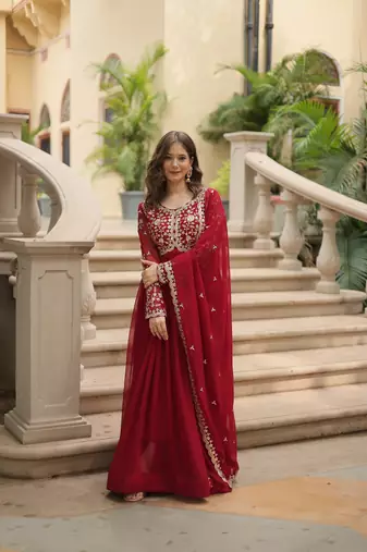 Maroon Faux Blooming Georgette With Rich Sequins Multi Embroidered Gown With Dupatta