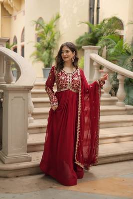 Maroon Faux Blooming Georgette With Rich Sequins Multi Embroidered Gown With Dupatta 4