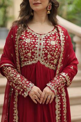 Maroon Faux Blooming Georgette With Rich Sequins Multi Embroidered Gown With Dupatta 5