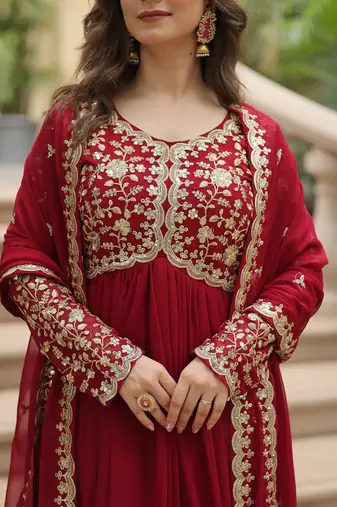 Maroon Faux Blooming Georgette With Rich Sequins Multi Embroidered Gown With Dupatta
