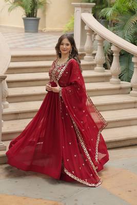 Maroon Faux Blooming Georgette With Rich Sequins Multi Embroidered Gown With Dupatta 6
