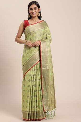 Pista Zari Woven Design Faux Banarasi Pure Cotton Traditional Saree