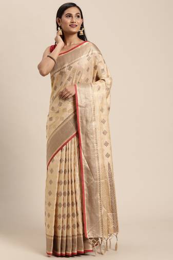 Beige Zari Woven Design Faux Banarasi Pure Cotton Traditional Saree