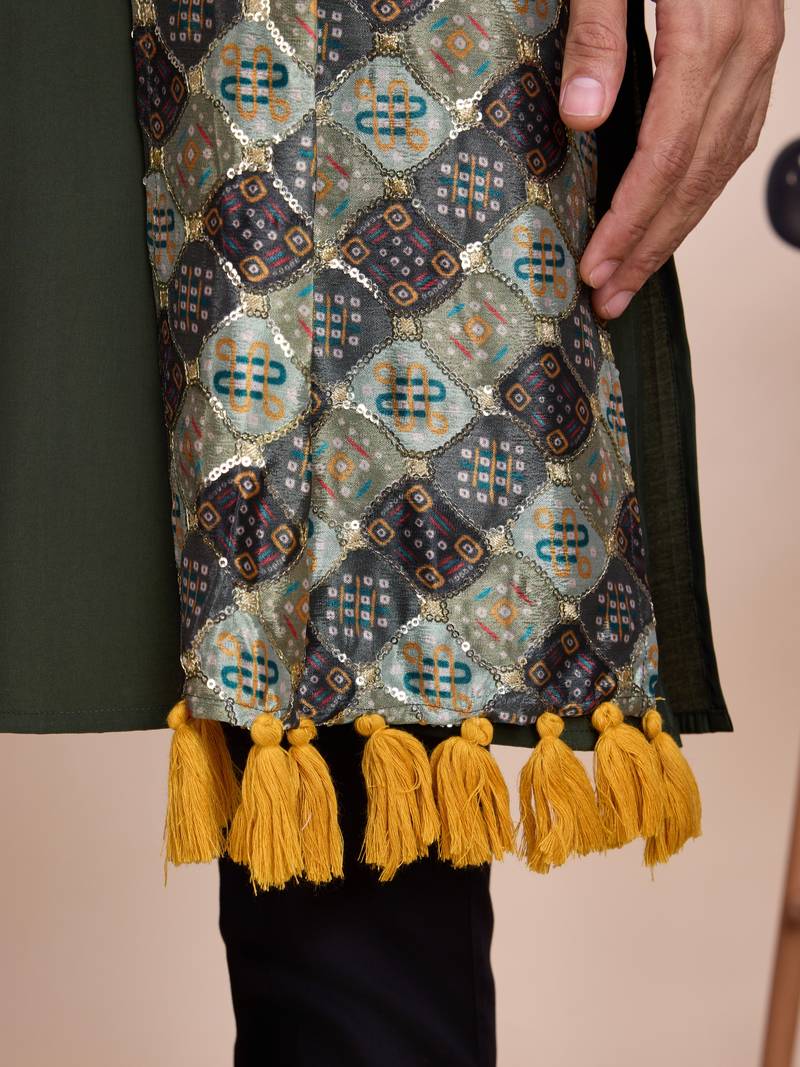 Green silk print with sequance embroidery work wedding function festival navratri party wear straight kurta with dupatta