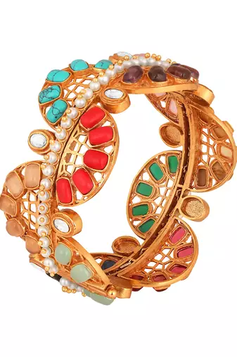Gold brass polish kundan polki shell pearls bangle