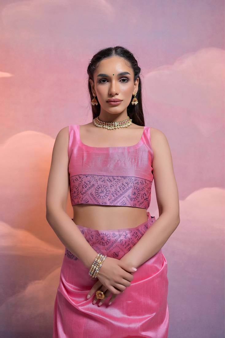 Baby Pink Contrast Thread work Raw Silk Treditional Classic Saree Set