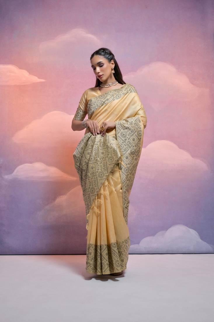Cream Contrast Thread work Raw Silk Treditional Classic Saree Set