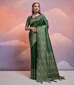 Green Contrast Thread work Raw Silk Treditional Classic Saree Set
