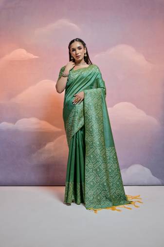 Pista Green Contrast Thread work Raw Silk Treditional Classic Saree Set