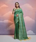 Pista Green Contrast Thread work Raw Silk Treditional Classic Saree Set