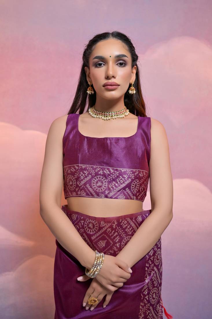 Wine Contrast Thread work Raw Silk Treditional Classic Saree Set