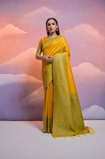 Yellow Contrast Thread work Raw Silk Treditional Classic Saree Set