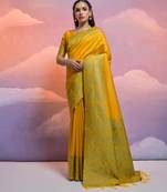Yellow Contrast Thread work Raw Silk Treditional Classic Saree Set
