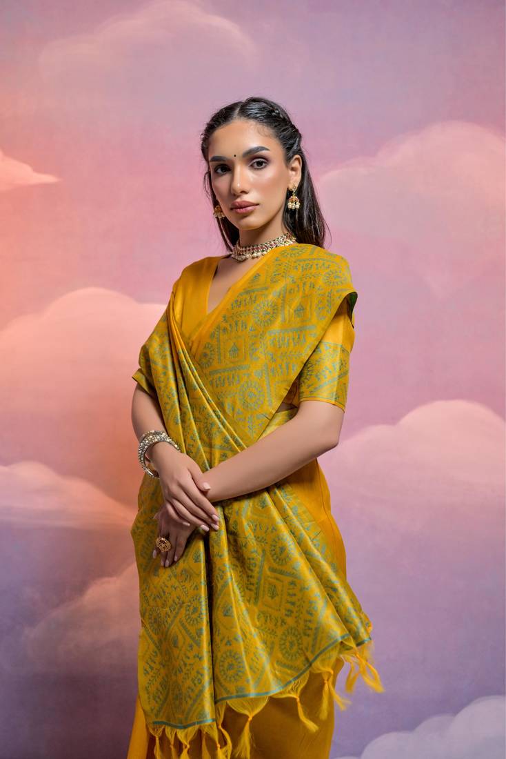 Yellow Contrast Thread work Raw Silk Treditional Classic Saree Set