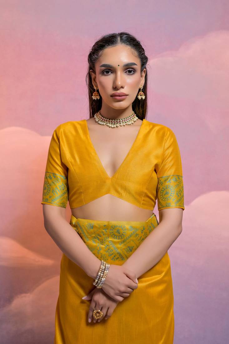 Yellow Contrast Thread work Raw Silk Treditional Classic Saree Set