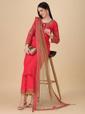 Elegant Embroidered Silk Kurta and Pant Set with Net Dupatta 1