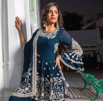Navy Blue Faux Georgette Gharara Set with Golden Embroidery 2