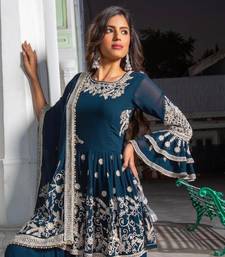 Navy Blue Faux Georgette Gharara Set with Golden Embroidery