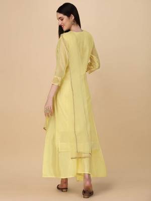 Pale Yellow Chanderi Cotton Threadwork Kurta and Palazzo set 2