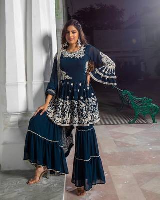 Navy Blue Faux Georgette Gharara Set with Golden Embroidery 3