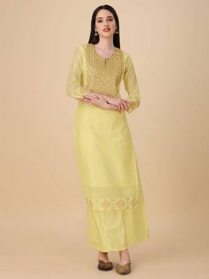 Pale Yellow Chanderi Cotton Threadwork Kurta and Palazzo set 3