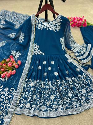 Navy Blue Faux Georgette Gharara Set with Golden Embroidery 4