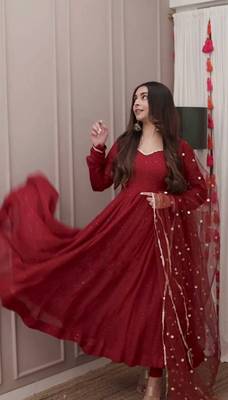 Stunning Red Georgette Embroidered Salwar Suit with Net Dupatta and Cotton Pants 1