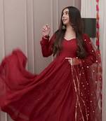 Stunning Red Georgette Embroidered Salwar Suit with Net Dupatta and Cotton Pants