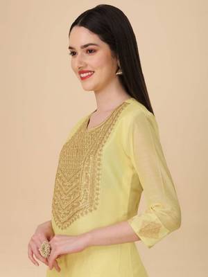 Pale Yellow Chanderi Cotton Threadwork Kurta and Palazzo set 4