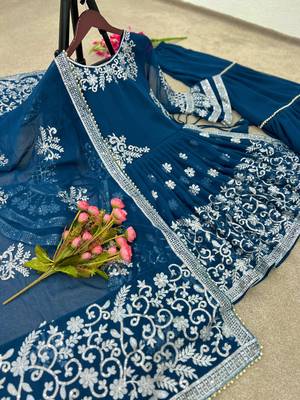 Navy Blue Faux Georgette Gharara Set with Golden Embroidery 5