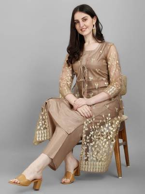 Brown Santoon Floral Embroidered Salwar Suit with Stylish Jacket 1