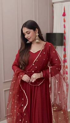 Stunning Red Georgette Embroidered Salwar Suit with Net Dupatta and Cotton Pants 2