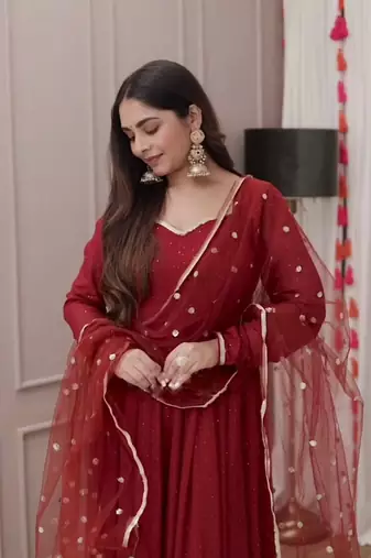 Stunning Red Georgette Embroidered Salwar Suit with Net Dupatta and Cotton Pants