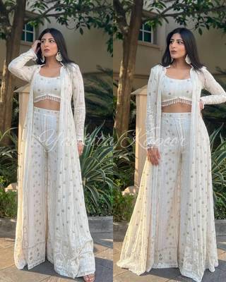 White Georgette Cape Style Kurta Set with Golden Sequin Embroidery 3