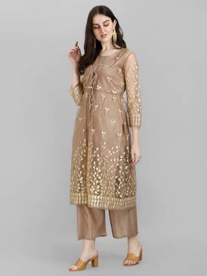 Brown Santoon Floral Embroidered Salwar Suit with Stylish Jacket 2
