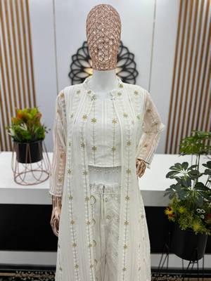 White Georgette Cape Style Kurta Set with Golden Sequin Embroidery 4