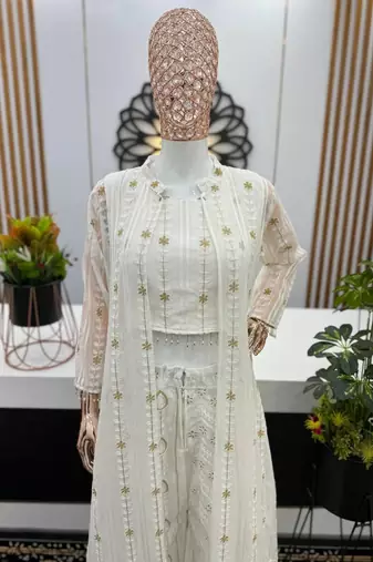 White Georgette Cape Style Kurta Set with Golden Sequin Embroidery