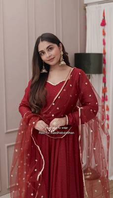 Stunning Red Georgette Embroidered Salwar Suit with Net Dupatta and Cotton Pants 3
