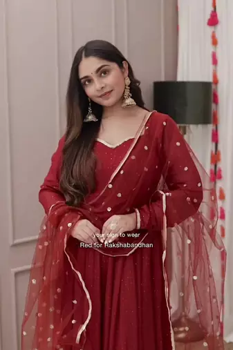 Stunning Red Georgette Embroidered Salwar Suit with Net Dupatta and Cotton Pants