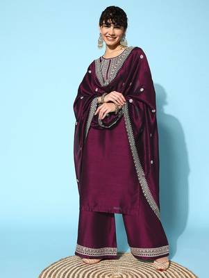 Wine Chiffon Embroidered Kurta Sets 1