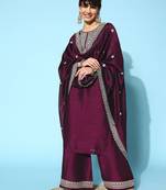 Wine Chiffon Embroidered Kurta Sets