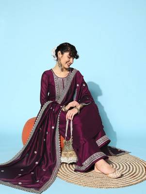 Wine Chiffon Embroidered Kurta Sets 2