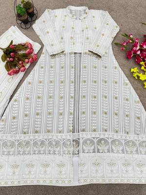 White Georgette Cape Style Kurta Set with Golden Sequin Embroidery 5