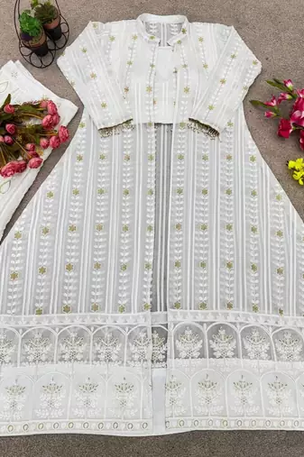 White Georgette Cape Style Kurta Set with Golden Sequin Embroidery