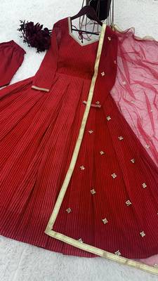 Stunning Red Georgette Embroidered Salwar Suit with Net Dupatta and Cotton Pants 4