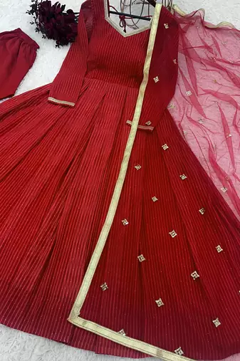 Stunning Red Georgette Embroidered Salwar Suit with Net Dupatta and Cotton Pants