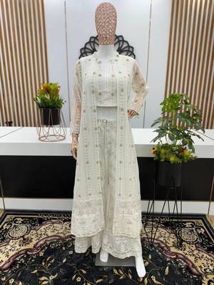 White Georgette Cape Style Kurta Set with Golden Sequin Embroidery 7